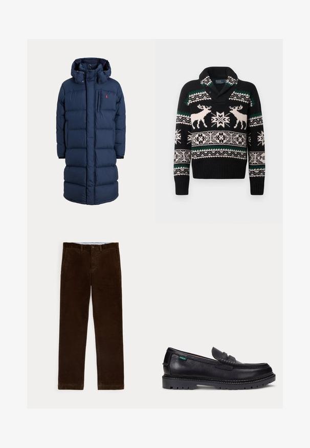 Abrigo de invierno largo acolchado azul marino con capucha, cremallera frontal, bolsillo en el pecho y pequeño logo rojo en la zona izquierda del pecho.; Suéter negro de punto con patrones nórdicos en blanco y verde, que presenta dos renos blancos y diseños geométricos de copos de nieve en el pecho y las mangas.; Pantalones de pana marrones con bolsillos frontales, trabillas para cinturón y cierre de botones, mostrados sobre un fondo blanco.; Mocasín de cuero negro con suela gruesa estriada y pequeña etiqueta verde "Polo" en el lado exterior cerca del talón.