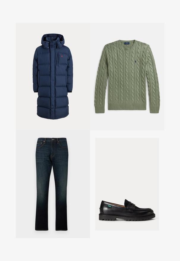 Marineblauwe lange gewatteerde winterjas met capuchon, rits aan de voorkant, borstzak en een klein rood logo op het linker borstgebied.; Groene kabelgebreide trui met ronde hals, geribbelde manchetten en zoom, en een klein geborduurd logo op de borst. Gestructureerd en van gemiddelde dikte.; Donkerblauwe rechte denim jeans met vijf zakken en oranje stiksels, plat weergegeven op een witte achtergrond.; Zwarte leren loafer met dikke zool, afgeronde neus en een groene Polo logolabel aan de zijkant.