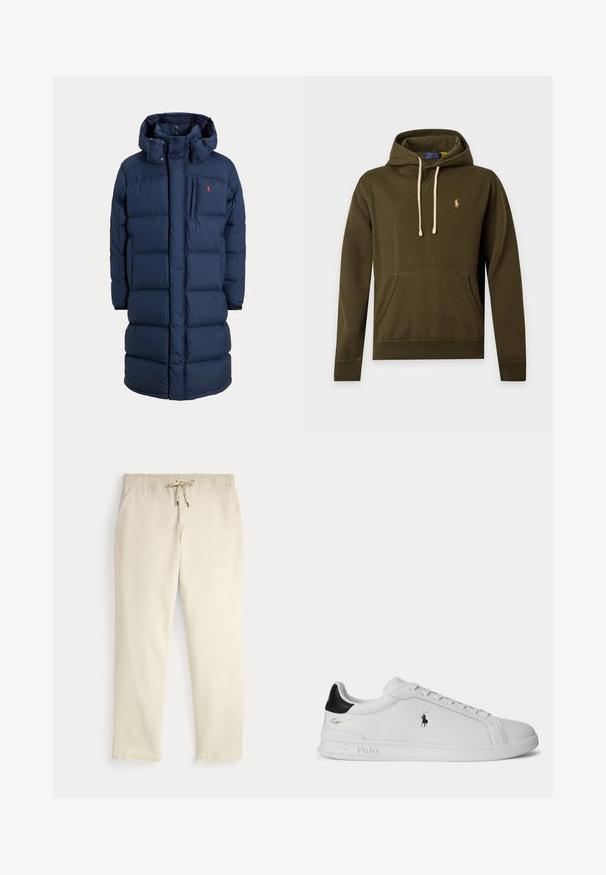 Abrigo de invierno largo acolchado azul marino con capucha, cremallera frontal, bolsillo en el pecho y pequeño logo rojo en la zona izquierda del pecho.; Sudadera con capucha de color verde oliva con bolsillo frontal, cordones de color crema y pequeño logo bordado de Polo Ralph Lauren en el pecho izquierdo.; Pantalones casuales color blanco roto con cinturilla elástica y cordón, piernas rectas y bolsillos laterales sobre un fondo liso.; Zapatilla blanca de corte bajo con lengüeta trasera negra, cordones y logo de Polo Ralph Lauren en el lateral, con detalles en relieve en la suela.