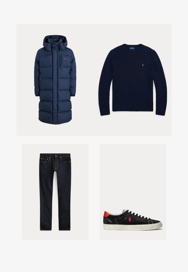 Marineblauwe lange gewatteerde winterjas met capuchon, rits aan de voorkant, borstzak en een klein rood logo op het linker borstgebied.; Marineblauwe trui met lange mouwen en een ronde hals, met geribde boorden en zoom, voorzien van een klein geborduurd Polo Ralph Lauren-logo op de borst.; Donkerblauwe slim-fit jeans met vijf zakken, knoopsluiting en contrasterende stiksels, plat gelegd op een lichte achtergrond.; Zwarte suede sneakers met witte veters, rode accenten op de hak en een klein rood logo. Beschikt over een platte rubberen zool en eenvoudige stiksels.