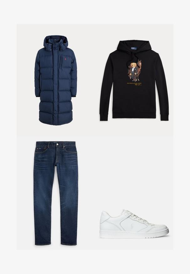 Abrigo de invierno largo acolchado azul marino con capucha, cremallera frontal, bolsillo en el pecho y pequeño logo rojo en la zona izquierda del pecho.; Sudadera negra con capucha con Polo Bear en esmoquin sosteniendo las riendas de un caballo, texto "POLO BEAR by RALPH LAUREN" debajo del gráfico.; Vaqueros ajustados de color azul oscuro con sutil desgaste en los muslos, diseño de cinco bolsillos y cierre de botón en la cintura.; Zapatilla de cuero blanca con textura suave, que presenta una puntera perforada, cierre de cordones y logo bordado en el lateral. Suela de goma blanca.