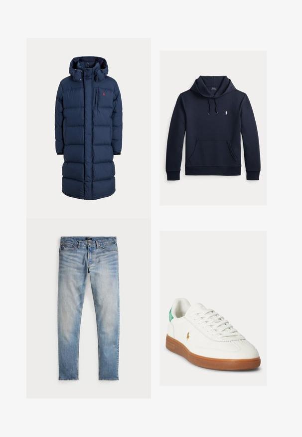 Marineblauer langer gepolsterter Wintermantel mit Kapuze, Frontreißverschluss, Brusttasche und kleinem roten Logo auf der linken Brustseite.; Dunkel marineblauer Kapuzenpullover mit vorderer Kängurutasche, Kapuzenkordel, langen Ärmeln und kleinem weißen Polo Ralph Lauren Logo auf der Brust.; Helle blaue Denim-Jeans mit einem ausgewaschenen Finish, Fünf-Taschen-Design und kontrastierenden Nähten. Mit Reißverschluss und Gürtelschlaufen. Gerade geschnitten.; Weißer Schnürsneaker mit brauner Gummisohle, grünem Fersenlasche und kleinem goldfarbenem Polo-Spieler-Logo an der Außenseite.