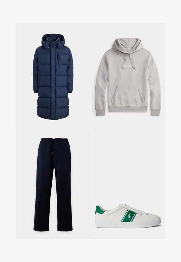 Marineblå lang polstret vinterjakke med hætte, lynlås foran, brystlomme og lille rød logo på venstre brystområde.; Lysegrå Ralph Lauren hoodie med frontkangaroo lomme, snøre i hætten og lille hvid broderet logo på brystet.; Mørkeblå bukser med vide ben, elastiksnor i taljen og syninger langs forsiden af hvert ben, vist på en ensfarvet baggrund.; Hvid low-top sneaker med grøn stribe og Polo-logo på siden, grøn hæl-flik og hvide snørebånd, vist fra venstre side på ensfarvet baggrund.