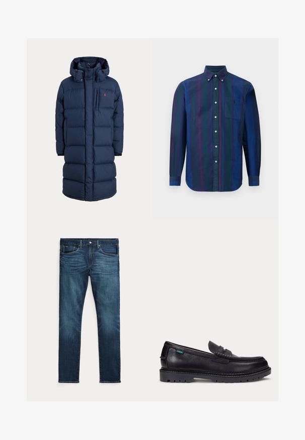 Marineblauwe lange gewatteerde winterjas met capuchon, rits aan de voorkant, borstzak en een klein rood logo op het linker borstgebied.; Overhemd met knoopsluiting en verticale strepen in donkerblauw, groen en kastanjebruin. Gemaakt van stof met een soepele textuur en voorzien van een borstzak.; Donkerblauwe slim-fit jeans met vooraan een knoop en ritssluiting, vijf zakken en subtiel vervagen op de voorkant van de dijen en knieën.; Zwarte leren loafer met dikke geprofileerde zool en klein groen "Polo" label aan de buitenkant bij de hiel.