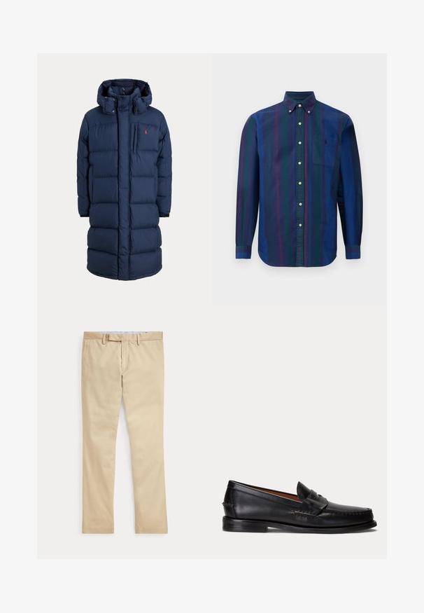 Marineblauer langer gepolsterter Wintermantel mit Kapuze, Frontreißverschluss, Brusttasche und kleinem roten Logo auf der linken Brustseite.; Hemd mit Knopfleiste und vertikalen Streifen in Dunkelblau, Grün und Kastanienbraun. Hergestellt aus einem Stoff mit glatter Textur und ausgestattet mit einer Brusttasche.; Beige gerade Hose mit Gürtelschlaufen und einem vorderen Reißverschluss, flach auf weißem Hintergrund gelegt.; Schwarzer Lederloafer mit niedrigem Absatz und Pennyriemendetail, von der Seite auf hellgrauem Hintergrund gezeigt.