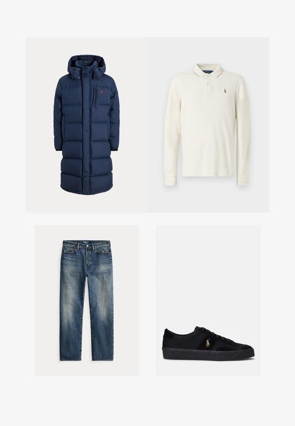 Marineblå lang polstret vinterjakke med hætte, lynlås foran, brystlomme og lille rød logo på venstre brystområde.; Langærmet polo-shirt i off-white bomuld, med ribbet krave, tre-knappet lukning og et lille broderet logo på brystet.; Blå denimjeans med afslappet pasform, falmet finish, synlige slidtegn, lige silhuet og traditionel knaplukning.; Sorte sneakers med overdel i stof og ruskind, rund tå, flad gummisål og broderet logo på siden. Snørebåndsdesign med seks snørehuller.