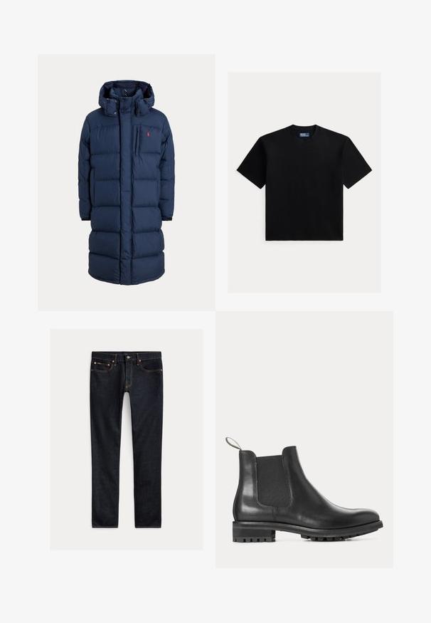 Abrigo de invierno largo acolchado azul marino con capucha, cremallera frontal, bolsillo en el pecho y pequeño logo rojo en la zona izquierda del pecho.; Camiseta negra lisa de manga corta y cuello redondo con una pequeña etiqueta de Polo Ralph Lauren dentro del cuello sobre un fondo blanco.; Vaqueros ajustados de color azul oscuro con cinco bolsillos, cierre de botones y costuras en contraste, colocados planos sobre un fondo claro.; Bota Chelsea de cuero negro con paneles laterales elásticos, lengüeta trasera, suela de goma acanalada y tacón bajo, mostrada de perfil.