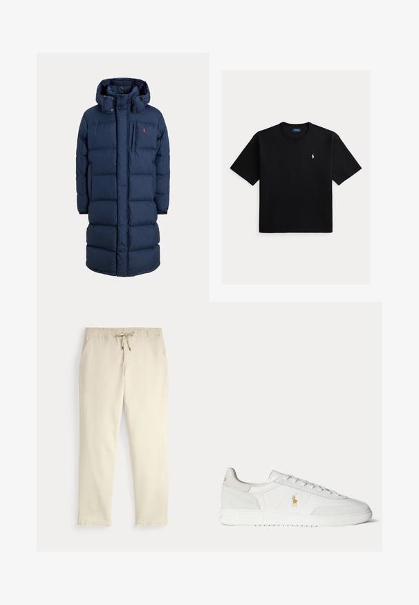 Marineblauwe lange gewatteerde winterjas met capuchon, rits aan de voorkant, borstzak en een klein rood logo op het linker borstgebied.; Zwarte T-shirt met korte mouwen en ronde hals met een klein wit Polo Ralph Lauren paardenlogo op de linkerborst.; Off-white casual broek met elastische tailleband en trekkoord, rechte pijpen en zijzakken op een effen achtergrond.; Witte lage sneaker met vetersluiting, gouden Polo Ralph Lauren-logo aan de zijkant en een gestructureerde zool op een effen achtergrond.