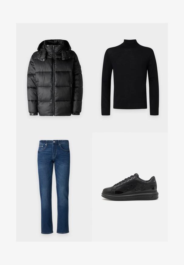 Musthave musta topp suleva kaelusega, lukuga ees ja kahe külgmise lukuga taskuga. Omab polsterdatud osi ja nööbiga mansette. Sile tekstuur.; Musta kõrge kaelusega sviiter, mis on valmistatud pehmest materjalist, omades pikki varrukaid ja vormivaid siluette, millel on kaeluses väike ümmargune detaile.; Sinised sirged denim püksid, millel on ees nööp ja lukku, ees ja taga taskud ning peened kulumisdetailid.; Must must läikiv tekstuuriga must nahkne sneaker, millel on külgedel suurelt reljeefne logo ja paks soonikuga põhi.