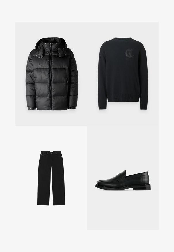 Musthave musta topp suleva kaelusega, lukuga ees ja kahe külgmise lukuga taskuga. Omab polsterdatud osi ja nööbiga mansette. Sile tekstuur.; Must musträät käeaukudega must kootud sviiter. Särgis on peenelt embosseeritud logo rinnal ja tekstuuriga vöökoht.; Mustad denimpüksid sirge jala lõikega, viie tasku disainiga ja hõbedast detailidega. Omab tekstuurset kangast ja minimalistikku stiili.; Meeste mustast nahast penny loafer madala virnastatud kontsa ja ümarate varvastega, külgvaates heleda halli taustal.