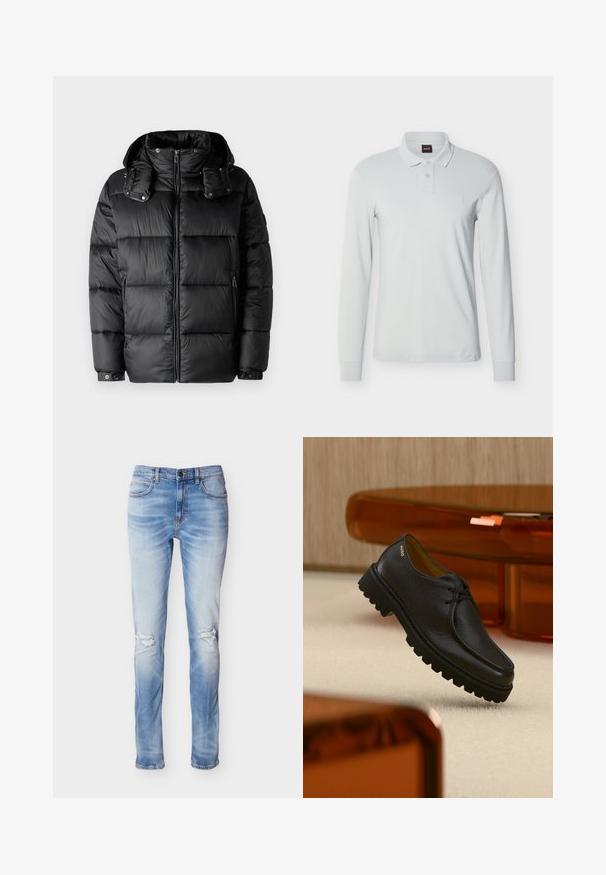 Musthave musta topp suleva kaelusega, lukuga ees ja kahe külgmise lukuga taskuga. Omab polsterdatud osi ja nööbiga mansette. Sile tekstuur.; Hõlmikuga pikkade varrukatega polo-särk helehallis, valmistatud puuvillasegust. Omaduseks on klassikaline krae, kolme nööbiga sulgur ja tagasihoidlik logo-rätik rinnal.; Hele sinised kitsad teksapüksid, millel on narmendavad põlvekohad, klassikaline viie taskuga disain ja tavaline nööpkinnitus.; Must tekstureeritud nahast paelaga king paksu soonilise tallaga, kannal brändinimega "HUGO", eksponeeritud beežil vaibal ja merevaigu toonis mööbli taustal.