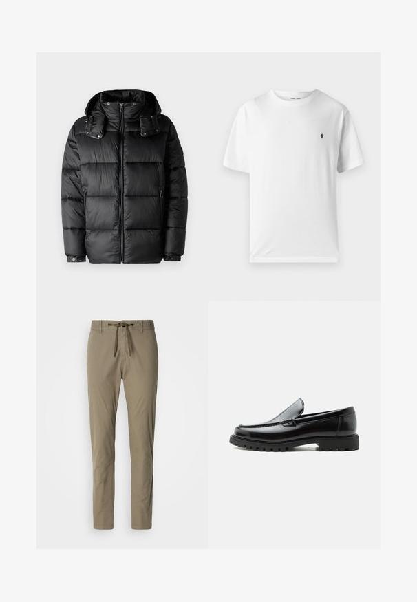 Musthave musta topp suleva kaelusega, lukuga ees ja kahe külgmise lukuga taskuga. Omab polsterdatud osi ja nööbiga mansette. Sile tekstuur.; Valge puuvillane T-särk ümmarguse kaelusega, lühikeste varrukatega ja väikese musta logoga rinnal. Pehme tekstuur, casual sobivus.; Khaki püksid elastse vöökoha ja nööriga, sirge lõike ning sileda tekstuuriga. Ilma nähtavate mustrite või aktsentideta.; Mustast nahast loafers, millel on robustne kummist tald, õmmeldud pealne ja reljeefsete tähtedega brändinimi kannal, külgvaates valgel taustal.