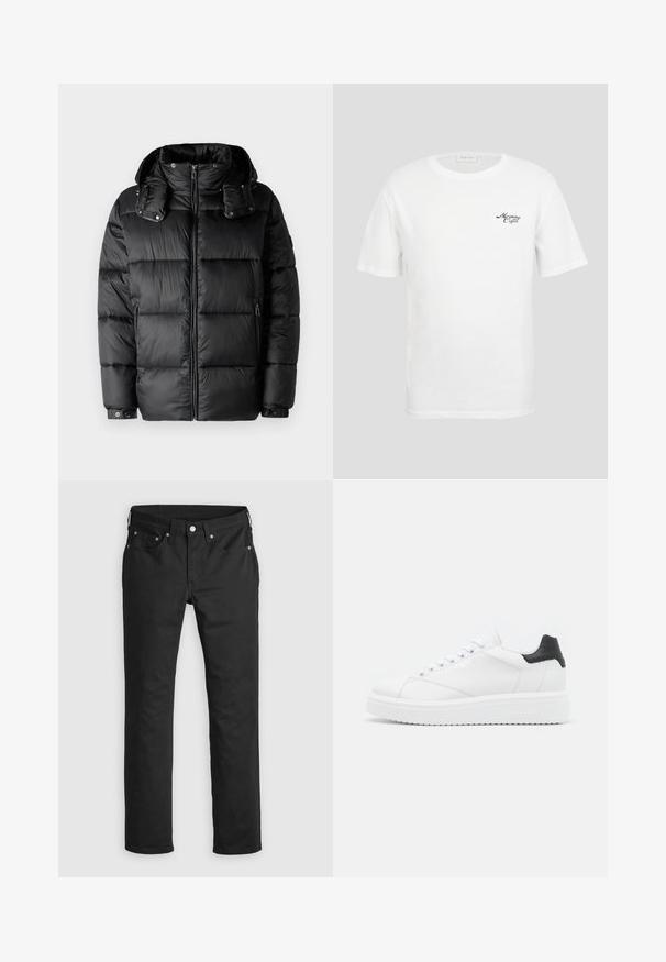 Musthave musta topp suleva kaelusega, lukuga ees ja kahe külgmise lukuga taskuga. Omab polsterdatud osi ja nööbiga mansette. Sile tekstuur.; Valge lühikeste varrukatega t-särk ümmarguse kaelusega ja väike must kiri "Morning Coffee" ülemisel vasakul rinnal.; Mustadest denimist püksid sirge jala lõikega, millel on lukuga lend, viis taskut ja metallist nööbid. Sile tekstuur.; Valge nahast toss, millel on must kand, lame paelad, struktureeritud vaheosa ja bränding välisküljel. Kujundatud igapäevaseks kandmiseks.