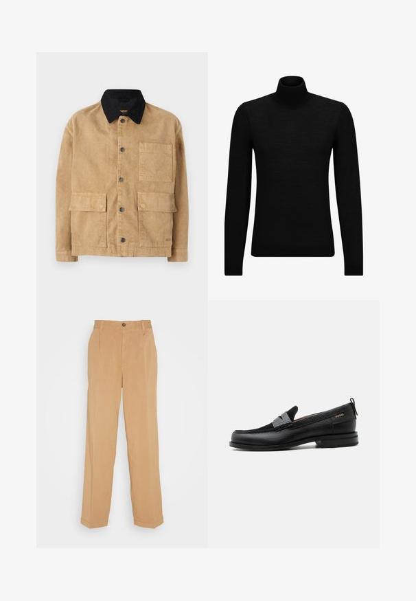 Veste en coton de couleur marron clair avec un col noir, dotée d'une fermeture à bouton sur le devant, de deux grandes poches avant et d'une poche unique sur la poitrine.; Pull à col roulé noir en matériau doux, avec des manches longues et une coupe ajustée. Finition côtelée au bas et aux poignets. Design simple.; Pantalons larges beiges en tissu doux, dotés de deux poches avant, d'une fermeture à bouton et de plis le long des jambes.; Mocassin en cuir noir avec détail de bride grise, talon bas et semelle texturée, marqué "HUGO" en or sur le côté.
