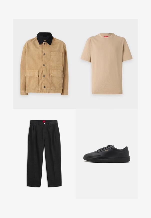 Cotton jakke i lys brun med en sort krave, der har frontknaplukning, to store forlommer og en enkelt brystlomme.; Beige bomulds T-shirt med korte ærmer, rund halsudskæring og subtilt "HUGO" logo i midten. Glat overflade, afslappet pasform.; Sorte bukser med høj talje med forreste læg, bæltestropper, knap og lynlås lukning samt en rød label indeni linningen.; Sorte lædersneakers med en glat overflade, rund tå, flad gummisål og tonede snørebånd. Udstyret med guld "BOSS" branding på siden.