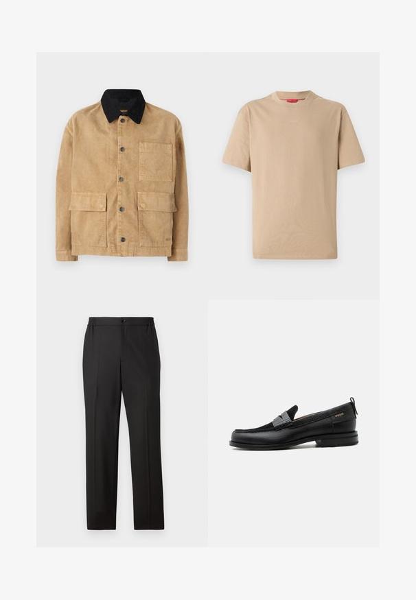 Cotton jakke i lys brun med en sort krave, der har frontknaplukning, to store forlommer og en enkelt brystlomme.; Beige bomulds T-shirt med korte ærmer, rund halsudskæring og subtilt "HUGO" logo i midten. Glat overflade, afslappet pasform.; Sorte bukser med lige ben, elastisk talje med knaplukning, flad front og glat stofoverflade.; Sort læderloafer med grå remdetalje, lav hæl og tekstureret sål, mærket med "HUGO" i guld på siden.