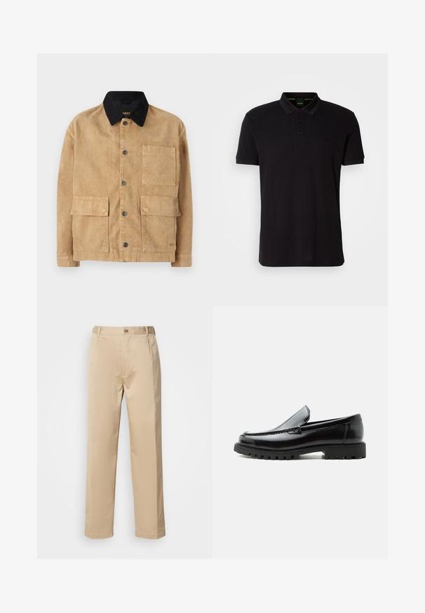 Veste en coton de couleur marron clair avec un col noir, dotée d'une fermeture à bouton sur le devant, de deux grandes poches avant et d'une poche unique sur la poitrine.; Polo shirt noir en tissu doux, avec un col classique, une patte de boutonnage à trois boutons et un logo brodé sur la poitrine.; Pantalons beiges en tissu léger, avec une coupe droite, une taille avec passants de ceinture et une fermeture à bouton sur le devant.; Mocassin en cuir noir avec semelle en caoutchouc épaisse, dessus cousu et nom de marque embossé sur le talon, présenté de profil sur fond blanc.