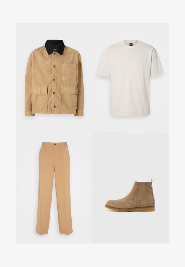 Veste en coton de couleur marron clair avec un col noir, dotée d'une fermeture à bouton sur le devant, de deux grandes poches avant et d'une poche unique sur la poitrine.; T-shirt à manches courtes et col rond en coton blanc cassé, présentant une coupe droite et un marquage minimal sur le col. Texture douce, sans motifs.; Pantalons larges beiges en tissu doux, dotés de deux poches avant, d'une fermeture à bouton et de plis le long des jambes.; Bottine Chelsea en daim marron clair avec panneaux latéraux élastiques, languette de tirage au talon et semelle en caoutchouc.