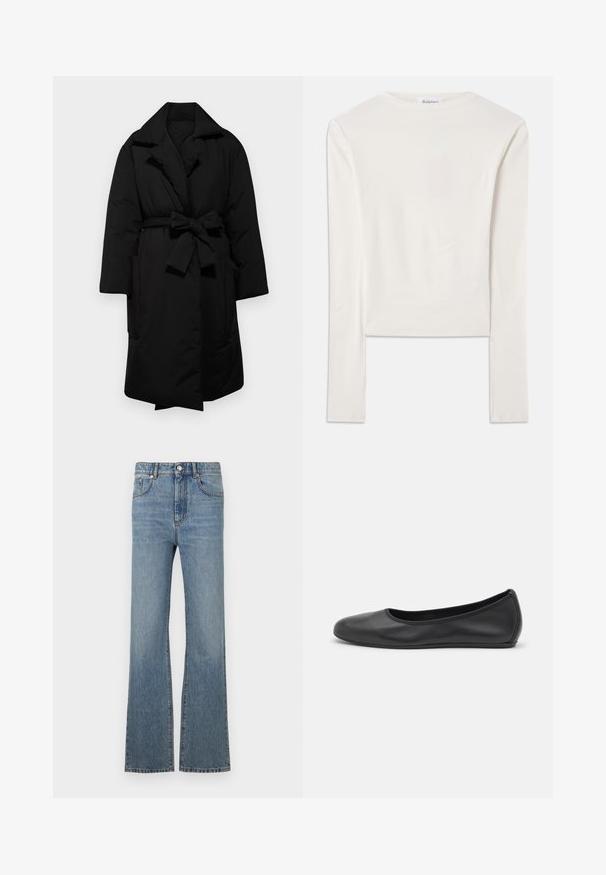 Schwarze gepolsterte Jacke mit Gürteltasche, weitem Kragen und langen Ärmeln. Verfügt über zwei seitliche Taschen und eine glatte, strukturierte Oberfläche.; Weißes Langarmshirt aus Baumwolle mit Rundhalsausschnitt und schmaler Passform. Der Stoff ist glatt und hat einen leichten Stretch.; Helle blaue Denim-Jeans mit weitem Bein, hoher Taille, Fronttaschen und kontrastreicher Naht. Einfaches Design mit klassischem Knopfverschluss.; Schwarze Leder-Ballettschuhe mit abgerundeter Spitze, glatter Textur, minimalen Nähdetails und einem flexiblen Sohlen-Design.