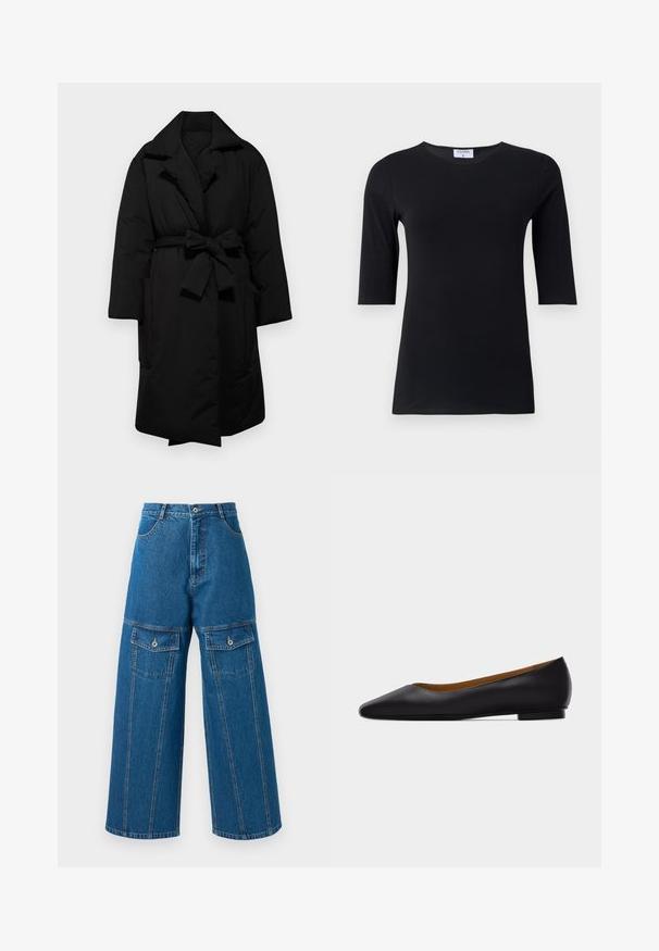 Schwarze gepolsterte Jacke mit Gürteltasche, weitem Kragen und langen Ärmeln. Verfügt über zwei seitliche Taschen und eine glatte, strukturierte Oberfläche.; Schwarzes Langarmshirt aus weichem, dehnbarem Stoff. Hat einen runden Ausschnitt und eine taillierte Silhouette mit Ärmeln in mittlerer Länge.; Weite Jeanshose in Hellblau mit hoher Taille, sichtbaren Nähten und je zwei aufgesetzten Taschen mit Knopf auf jeder Seite.; Schwarzer flacher Schuh aus Leder mit spitz zulaufender Vorderkappe, niedrigem Absatz und glatter Oberfläche, von der Seite vor einem hellgrauen Hintergrund dargestellt.