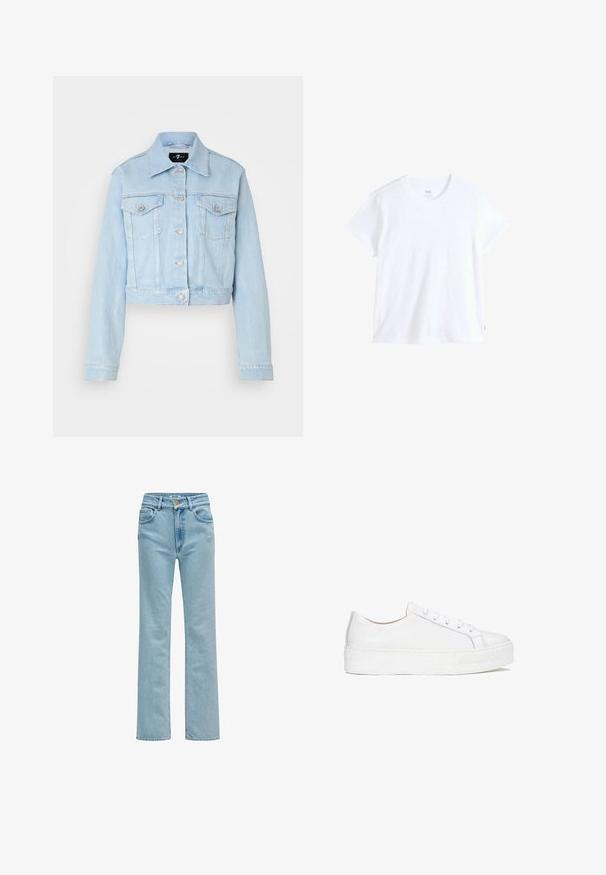 Chaqueta de denim azul claro con un diseño corto, cierre de botones, dos bolsillos en el pecho y detalles de costura sutiles. Cuello clásico y mangas largas.; Camiseta blanca de algodón con mangas cortas, escote redondo y bajo recto. Presenta una pequeña etiqueta con logo rojo en el lado inferior izquierdo.; Vaqueros de pierna recta de cintura alta de color azul claro, con bolsillos delanteros, trabillas para cinturón y cierre de botón.; Zapatilla blanca de cuero con superficie lisa, punta redonda y suela plana. Presenta cierre con cordones y detalles de costura sutiles.