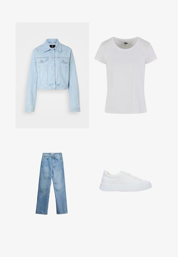 Lichtblauwe denimjasje met een cropped ontwerp, knoopsluiting, twee borstzakken en subtiele stikdetails. Klassieke kraag en lange mouwen.; Witte, korte mouwen t-shirt gemaakt van katoen. Heeft een ronde hals en een slim-fit vorm. Etiket zegt "URBAN CLASSICS."; Lichtblauwe jeans met hoge taille en rechte pijpen, voorzien van een voorste knoop en rits, taillebandlussen en een ontwerp met vijf zakken, afgebeeld tegen een witte achtergrond.; Witte leren sneakers met een ronde neus, platte veters en een dikke rubberen zool. Gladde textuur met minimale stikseldetails.