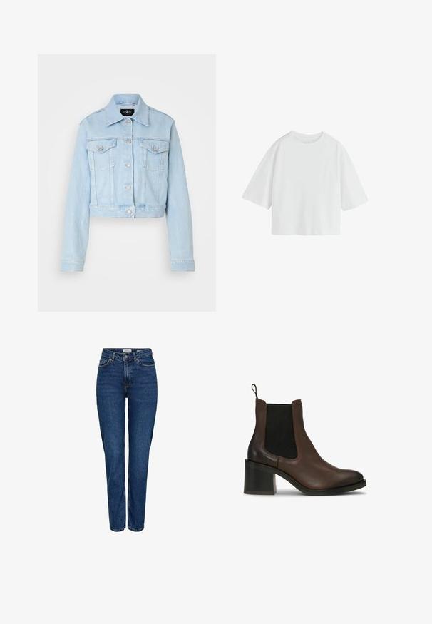 Lichtblauwe denimjasje met een cropped ontwerp, knoopsluiting, twee borstzakken en subtiele stikdetails. Klassieke kraag en lange mouwen.; Effen witte oversized T-shirt met korte mouwen, een ronde hals en een losse pasvorm.; Donkerblauwe spijkerbroek met rechte pijpen, hoge taille, vijf zakken, lichte stiksels en een subtiele textuur.; Bruine leren enkellaarsjes met elastische zijpanelen, een blokhak, een gladde textuur en een aantreklipje voor gemakkelijk aantrekken.