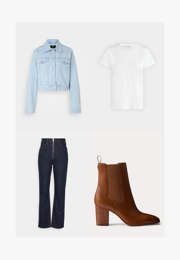 Lichtblauwe denimjasje met een cropped ontwerp, knoopsluiting, twee borstzakken en subtiele stikdetails. Klassieke kraag en lange mouwen.; Effen witte T-shirt met korte mouwen en ronde hals, plat liggend op een lichtgrijze achtergrond, met voorzijde en label aan de binnenkant van de halslijn zichtbaar.; FRAME HIGH EXPOSED ZIP - Straight leg jeans - dark blue; Bruine leren enkellaars met blokhak, elastische zijpanelen en treklus aan de achterkant, getoond in profiel op een effen achtergrond.
