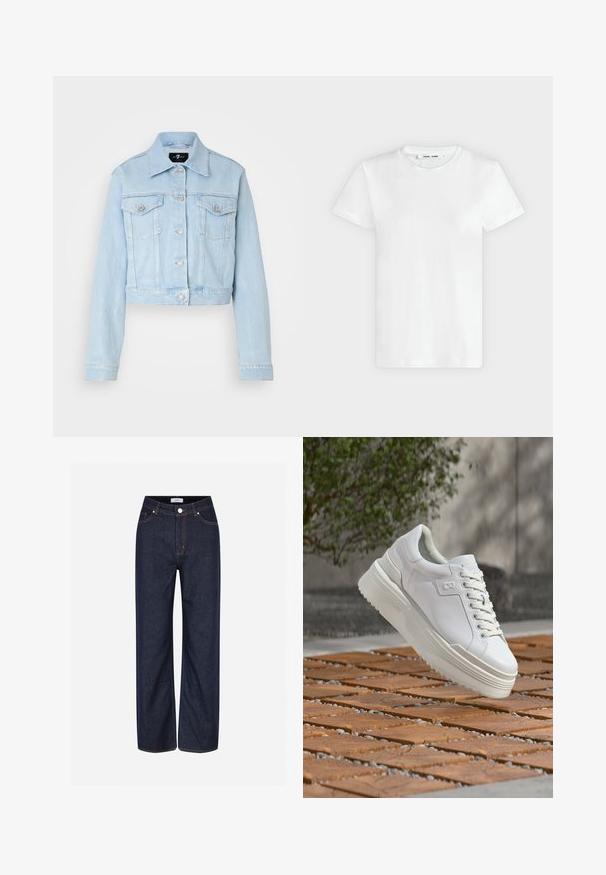 Chaqueta de denim azul claro con un diseño corto, cierre de botones, dos bolsillos en el pecho y detalles de costura sutiles. Cuello clásico y mangas largas.; Camiseta blanca lisa de manga corta y cuello redondo, colocada plana sobre un fondo gris claro, mostrando la parte delantera con etiqueta dentro del escote.; Jeans de pierna ancha color azul oscuro hechos de denim, con grandes bolsillos, costura naranja en contraste y un cierre de botón en la cintura.; Zapatilla deportiva blanca de plataforma con cordones flotando sobre una superficie de madera entablillada, con vegetación y una pared de hormigón de fondo.
