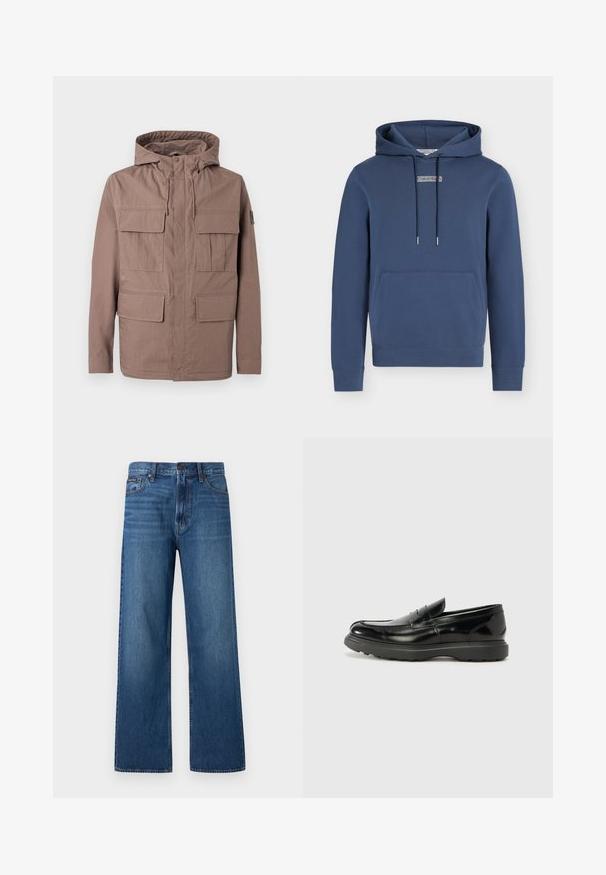 Veste à capuche marron avec quatre poches à rabat à l'avant et une capuche avec cordon de serrage, présentée sur un fond gris clair.; Sweat à capuche bleu marine avec poche kangourou à l’avant, cordons réglables et petit logo Calvin Klein sur la poitrine.; Jean bleu à taille haute et coupe droite, avec bouton et fermeture éclair à l'avant, cinq poches, et un petit patch de marque sur la poche droite.; Mocassin en cuir noir avec une finition brillante, bout arrondi, détails de couture subtils et semelle en caoutchouc épaisse pour la durabilité.