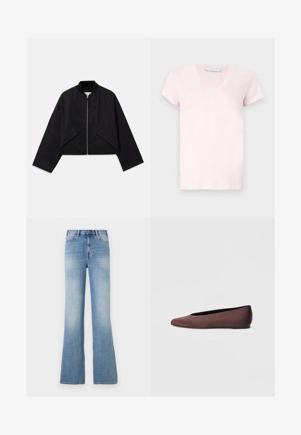 Sort bomberjakke med lynlås foran, cropped design og to vinkelformede lommer. Fremstillet af glat stof med ribbet krave og brede ærmer.; Kortærmet V-hals T-shirt i lys pink. Lavet af blødt stof med en glat tekstur. Minimalistisk design uden mønstre eller yderligere detaljer.; Lyseblå højtaljede jeans med knap og lynlås foran, fem lommer, let udvidede ben og diskrete falmede områder på lårene.; Brune balletflade sko i stof med spids tå og glat tekstur, med lav hælkappe og tynd sort sål. Ingen synlige mønstre eller beslag.