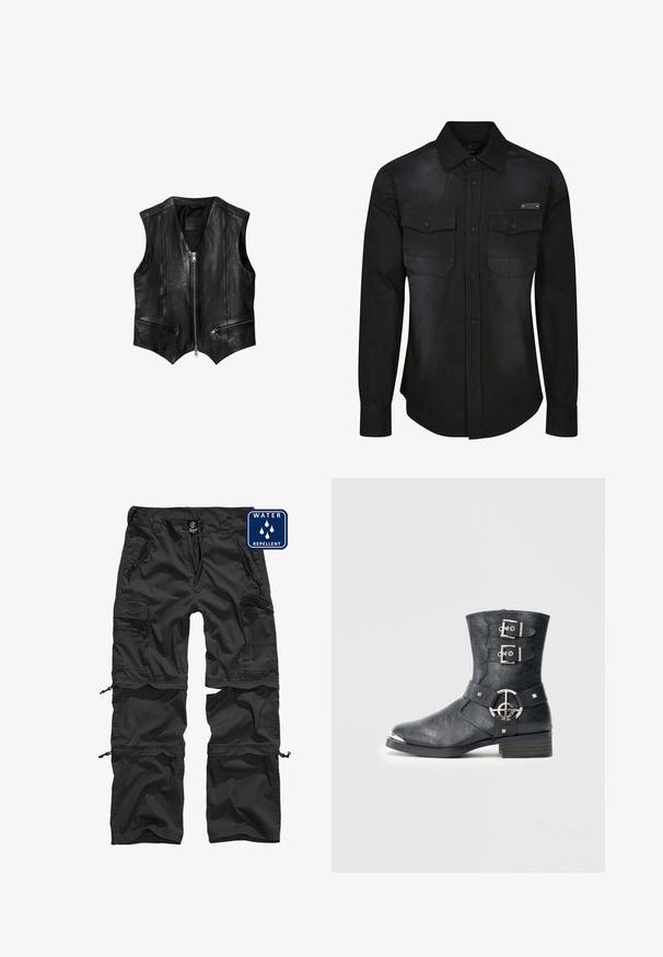 Veste sans manches en cuir noir avec fermeture éclair à l'avant, deux poches diagonales zippées, ourlet en forme de V et design en panneaux cousus.; Chemise noire à manches longues en coton, avec deux poches poitrine, fermeture par boutons et une texture légèrement décolorée sur le tissu.; Pantalons cargo noirs déperlant avec poches zippées, poignets réglables et un matériau durable. Présente un logo sur la ceinture.; Bottine en cuir noir à bout arrondi, avec deux brides à boucle, détails en métal argenté et petit talon empilé. Finition texturée.