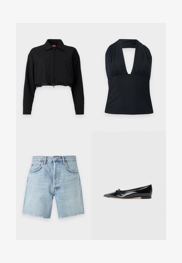 Sort cropped jakke med lynlås foran, to sidelommer og krave. Lavet af glat stof med en tætsiddende silhuet.; Sort ærmeløs top med halterneck, dyb V-hals og samlet stofdetalje ved brystet.; Lyseblå denimshorts med frynsede kanter, forreste knap, lynlås, bæltestropper og forlommer på en ensfarvet baggrund.; Sorte patentlæder flade sko med spids tå, lille dekorativ rem og lav blokhæl. Glat tekstur og strømlinet design.