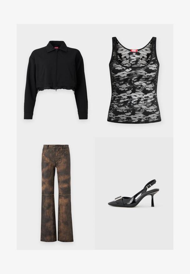 Sort cropped jakke med lynlås foran, to sidelommer og krave. Lavet af glat stof med en tætsiddende silhuet.; Ærmeløs sort og hvid blondetop med abstrakt camouflage-mønster og et rødt Diesel-mærketag ved halsudskæringen, lagt fladt på hvid baggrund.; Brune denim bukser med vidde og en falmet, struktureret finish. Har fem lommer, bæltestropper og knaplukning. Flade sømme og vide ben.; Sort laklæder slingback-pumpe med spids tå og metalisk detalje på vristen. Har en slank hæl og justerbar rem.