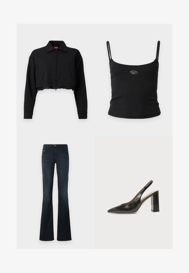 Chaqueta negra corta con cremallera frontal, dos bolsillos laterales y cuello. Fabricada en tejido suave con una silueta ajustada.; Top tipo camisola negro con textura acanalada, tirantes finos y un pequeño logo metálico en el centro. La tela parece elástica y ajustada al cuerpo.; Jeans acampanados de mezclilla oscura con una textura suave, diseño de cinco bolsillos y cierre de botón en la cintura. Presentan un sutil detalle de costura.; Zapato slingback de piel negra con puntera puntiaguda, tacón alto y ancho, y forro interior beige sobre un fondo claro y liso.