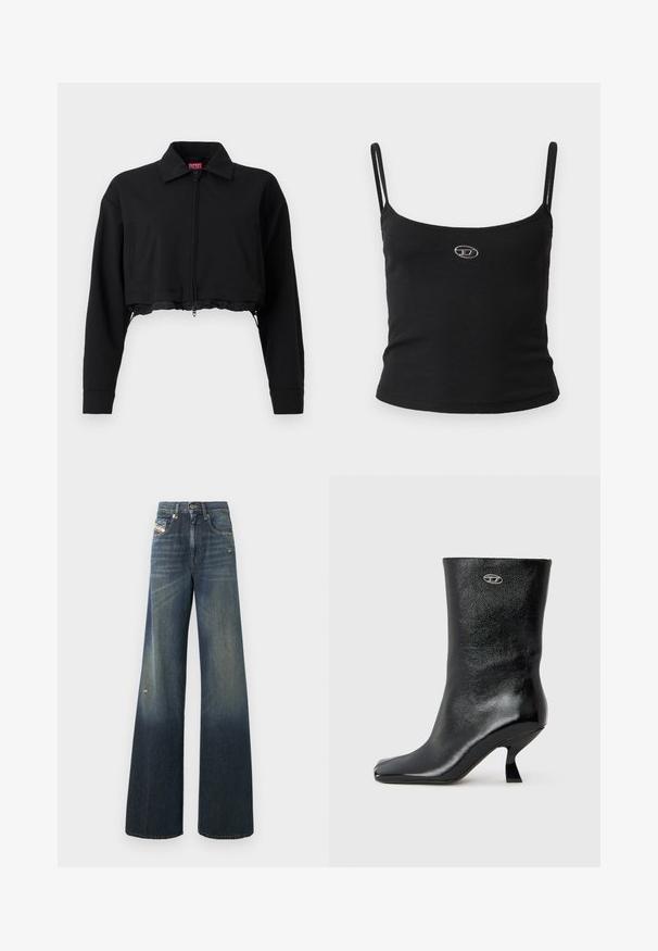 Sort cropped jakke med lynlås foran, to sidelommer og krave. Lavet af glat stof med en tætsiddende silhuet.; Sort ribstrikket camisole-top med tynde stropper og en lille metallisk logo midt på. Stoffet virker strækbart og kropsnært.; Vidde ben jeans i mørkeblå med en falmet finish, med et slidt knæ og et klassisk fem-lomme design med et mærke.; Sort læderankelstøvle med blank finish, firkantet tå og unikt buet hældesign. Har en lille metallisk logoaccent.