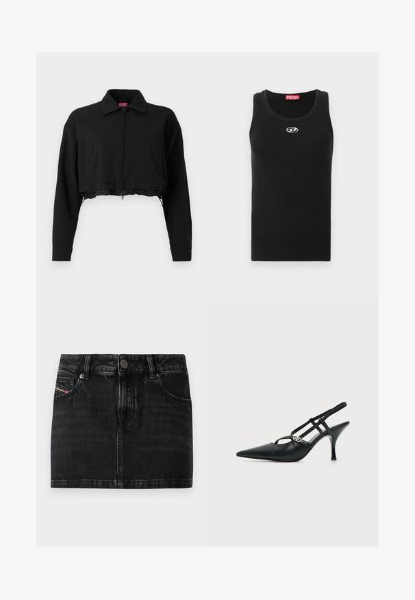 Chaqueta negra corta con cremallera frontal, dos bolsillos laterales y cuello. Fabricada en tejido suave con una silueta ajustada.; Camiseta sin mangas negra de tela de algodón con cuello redondo, diseño sin mangas y un pequeño logo blanco en la zona del pecho.; Minifalda vaquera negra con botones frontales, cinturilla con trabillas, dos bolsillos delanteros y una pequeña etiqueta de marca en el bolsillo derecho.; Tacón slingback de cuero negro con punta puntiaguda, tiras finas y una pequeña hebilla decorativa plateada en el lateral.