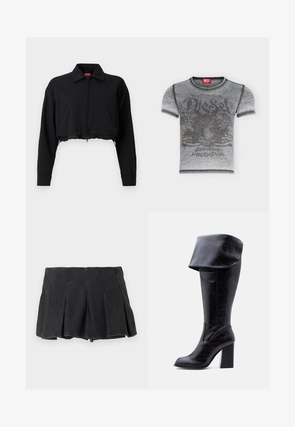 Zwarte cropped jas met een ritssluiting aan de voorkant, twee zijzakken en een kraag. Gemaakt van een gladde stof met een getailleerde pasvorm.; Grijs Diesel T-shirt met korte mouwen met vervaagde afbeelding van eenhoorn, tekst en een patroon van kleine zwarte stippen aan de voorkant.; Zwarte geplooide mini rok met zichtbare naden, gemaakt van denim stof, afgebeeld tegen een effen lichte achtergrond.; Hoge zwarte leren laars met hak, een omgeslagen boord en een ronde neus, rechtopstaand tegen een witte achtergrond.
