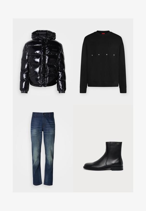 Veste doudoune noire avec une finition brillante, dotée d'une capuche, d'une fermeture éclair et de poignets élastiques. Conçue avec des sections matelassées horizontales.; Sweat-shirt noir à manches longues col rond avec "HUGO" imprimé en lettres blanches espacées sur la poitrine.; Jean en denim bleu foncé avec une coupe droite, présentant un délavage à l'avant, une braguette à boutons et un design classique à cinq poches.; Bottine en cuir noir à talon bas, couture latérale et petit logo "HUGO" sur le revers supérieur sur un fond uni.