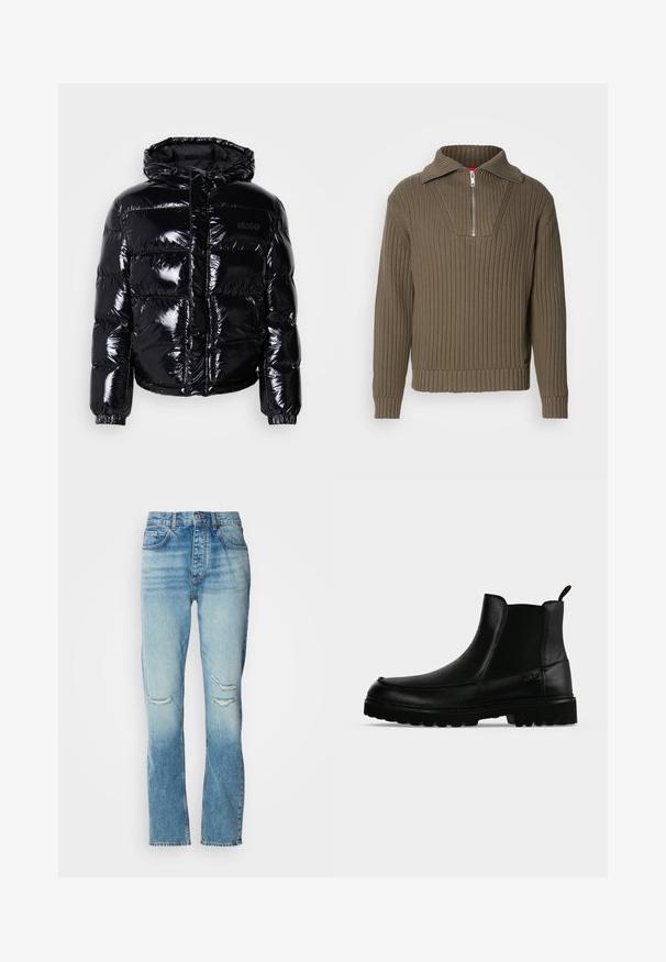 Veste doudoune noire avec une finition brillante, dotée d'une capuche, d'une fermeture éclair et de poignets élastiques. Conçue avec des sections matelassées horizontales.; Pull en maille marron avec un zip moitié et un col large. Présente un tissu texturé et une coupe légèrement raccourcie. Design simpliste.; Jean bleu à taille mi-haute pour femmes, avec un teint délavé, des déchirures usées aux deux genoux, coupe droite et design classique à cinq poches.; Bottine noire en cuir avec semelle texturée, panneaux latéraux élastiques et languette de tirage sur fond gris clair.