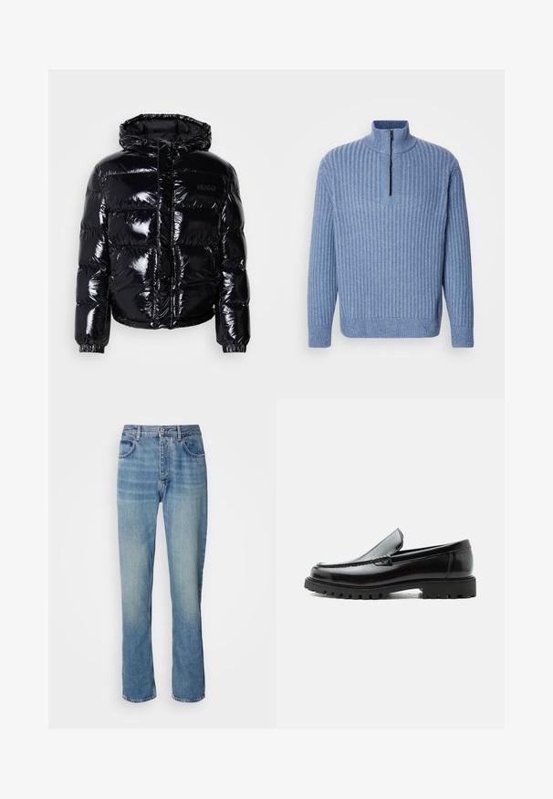 Veste doudoune noire avec une finition brillante, dotée d'une capuche, d'une fermeture éclair et de poignets élastiques. Conçue avec des sections matelassées horizontales.; Pull en tricot côtelé bleu clair avec un col montant et une fermeture éclair partielle au niveau du cou ; il a des manches longues et un ourlet droit.; Jean en denim droit bleu clair avec taille haute, fermeture par bouton et zip à l'avant, et design à cinq poches.; Mocassin en cuir noir avec semelle en caoutchouc épaisse, dessus cousu et nom de marque embossé sur le talon, présenté de profil sur fond blanc.