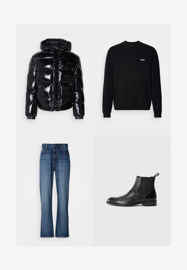 Veste doudoune noire avec une finition brillante, dotée d'une capuche, d'une fermeture éclair et de poignets élastiques. Conçue avec des sections matelassées horizontales.; Pull en laine noir à manches longues avec un petit logo blanc "BOSS" sur la poitrine gauche, des poignets et un ourlet côtelés, présenté sur un fond blanc.; Jean en denim bleu avec une taille haute, jambes évasées, design à cinq poches et couture ton sur ton. Comprend une fermeture à bouton et des poches rivetées.; Bottine en cuir noir avec des panneaux latéraux élastiques, bout rond et tirette. Texture lisse, semelle plate, design minimaliste.