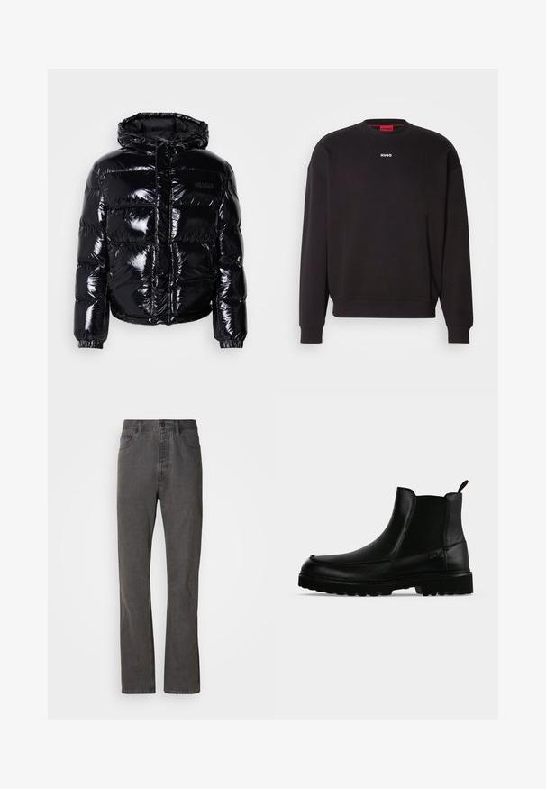 Veste doudoune noire avec une finition brillante, dotée d'une capuche, d'une fermeture éclair et de poignets élastiques. Conçue avec des sections matelassées horizontales.; Sweatshirt noir en mélange de coton, avec un col rond, des épaules tombantes et un petit logo blanc "HUGO" sur la poitrine.; Jeans en denim gris avec une coupe droite, dotés de poches avant, d'une fermeture à bouton et d'une texture subtile.; Bottine noire en cuir avec semelle texturée, panneaux latéraux élastiques et languette de tirage sur fond gris clair.