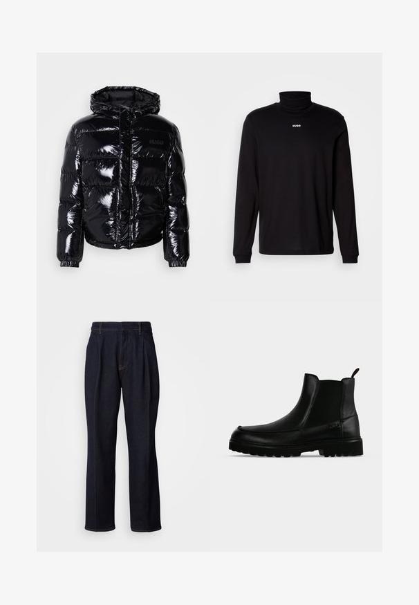 Veste doudoune noire avec une finition brillante, dotée d'une capuche, d'une fermeture éclair et de poignets élastiques. Conçue avec des sections matelassées horizontales.; T-shirt à col roulé noir à manches longues en tissu lisse, avec un logo "HUGO" blanc sur la poitrine, doté de poignets et d'un ourlet ajustés.; Jean en denim large à jambes bleues foncées avec des plis devant et des coutures orange, présenté sur fond blanc.; Bottine noire en cuir avec semelle texturée, panneaux latéraux élastiques et languette de tirage sur fond gris clair.