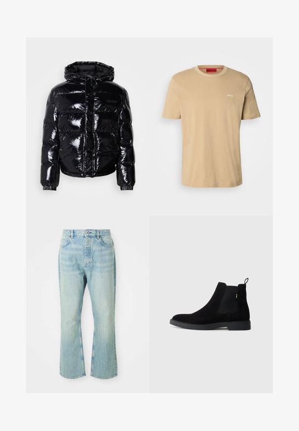 Veste doudoune noire avec une finition brillante, dotée d'une capuche, d'une fermeture éclair et de poignets élastiques. Conçue avec des sections matelassées horizontales.; T-shirt en coton beige avec un col rond, des manches courtes et un petit logo blanc "HUGO" sur la poitrine. Texture lisse sans motifs.; Jeans évasés en denim bleu clair avec une taille haute, dotés de cinq poches, de passants de ceinture et d'une texture délavée.; Bottines Chelsea en suède noir avec panneaux élastiques sur les côtés, bout rond et semelle en caoutchouc basse. Dotées d'une languette à l'arrière pour un enfilage facile.