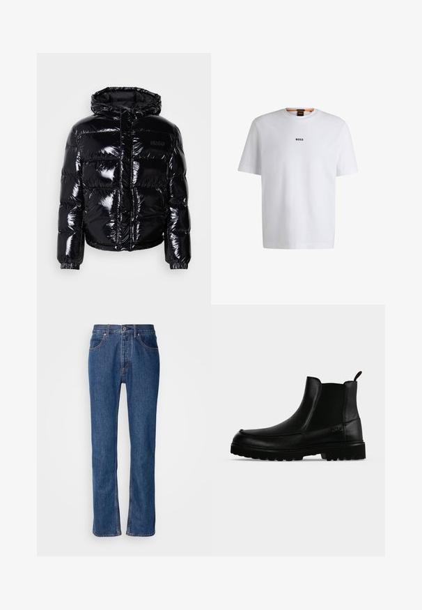 Veste doudoune noire avec une finition brillante, dotée d'une capuche, d'une fermeture éclair et de poignets élastiques. Conçue avec des sections matelassées horizontales.; T-shirt en coton blanc à manches courtes, avec un logo noir "BOSS" centré sur la poitrine et un design à col rond.; Jean en denim bleu avec une coupe droite, un design à cinq poches et des coutures claires. Comprend une braguette zippée et une fermeture à bouton à l'avant.; Bottine noire en cuir avec semelle texturée, panneaux latéraux élastiques et languette de tirage sur fond gris clair.