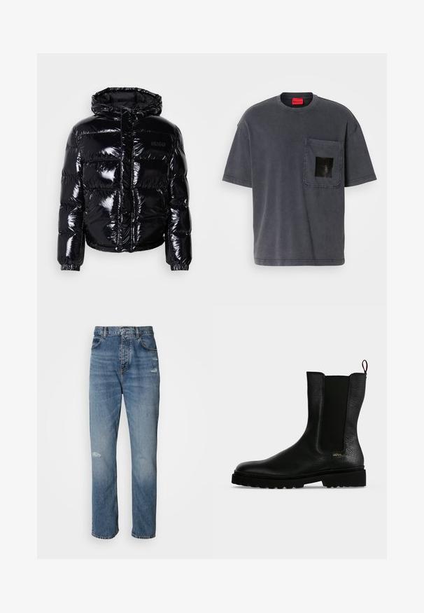 Veste doudoune noire avec une finition brillante, dotée d'une capuche, d'une fermeture éclair et de poignets élastiques. Conçue avec des sections matelassées horizontales.; T-shirt en coton gris foncé à manches courtes, avec une poche poitrine arborant un logo carré noir et une étiquette de marque rouge à l'intérieur du col.; Jean en denim bleu clair au design droit, avec une fermeture à bouton et zip, cinq poches et des détails usés près des genoux.; Bottine en cuir noir avec un panneau latéral élastique, une semelle épaisse et une languette à l’arrière, featuring un petit logo doré "Hugo" près du talon.