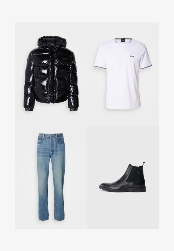Veste doudoune noire avec une finition brillante, dotée d'une capuche, d'une fermeture éclair et de poignets élastiques. Conçue avec des sections matelassées horizontales.; T-shirt en coton blanc à manches courtes, avec un col rond et des rayures noires sur le col et les ourlets des manches. Petit logo "BOSS" sur la poitrine.; Jean en denim droit bleu clair avec taille haute, fermeture par bouton et zip à l'avant, et design à cinq poches.; Bottines Chelsea en cuir noir avec des panneaux élastiques sur les côtés, une languette arrière et une semelle en caoutchouc plate. Texture lisse avec un minimum de détails.