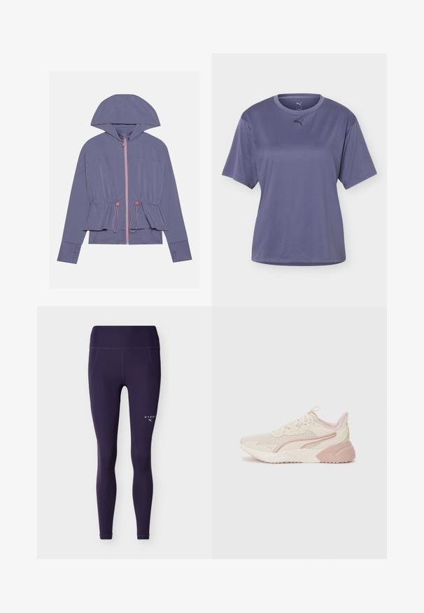 Chaqueta de color púrpura claro con capucha, que presenta una cremallera rosa y un cordón en la cintura. Textura suave y corte relajado, con un sutil detalle de costuras.; Camiseta deportiva Puma de manga corta en púrpura con cuello redondo y pequeño logo negro de Puma en el centro delantero.; Leggings deportivos azul marino de cintura alta con costuras laterales, que presentan pequeños logotipos blancos de "HYROX" y Puma en el muslo superior.; Zapatillas ligeras con un diseño en beige y rosa pálido, parte superior de malla, suela acolchada y sutiles acentos de logotipo en el lateral.