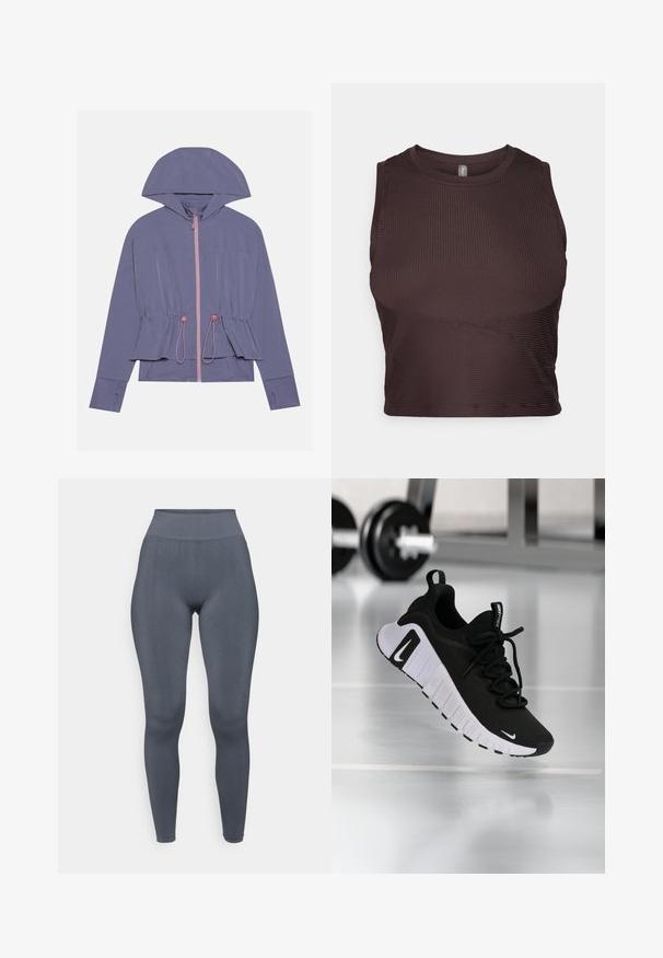 Chaqueta de color púrpura claro con capucha, que presenta una cremallera rosa y un cordón en la cintura. Textura suave y corte relajado, con un sutil detalle de costuras.; Top corto de canalé marrón oscuro con tirantes anchos, escote redondo y diseño sin costuras. Presenta una silueta ajustada y tela elástica para mayor comodidad.; Leggings de cintura alta en gris oscuro, fabricados con una tela elástica y suave. Forma ajustada, cobertura completa con un diseño sin costuras.; Zapatilla deportiva negra con parte superior de tela texturizada, suela blanca y sistema de cordones prominente. Presenta un logo de Nike y un diseño suave y acolchado.